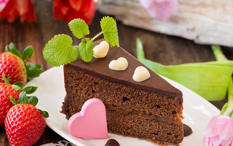 :), sweet, pink, chocolate, dessert, slice, heart, cake, food, valentine, HD wallpaper