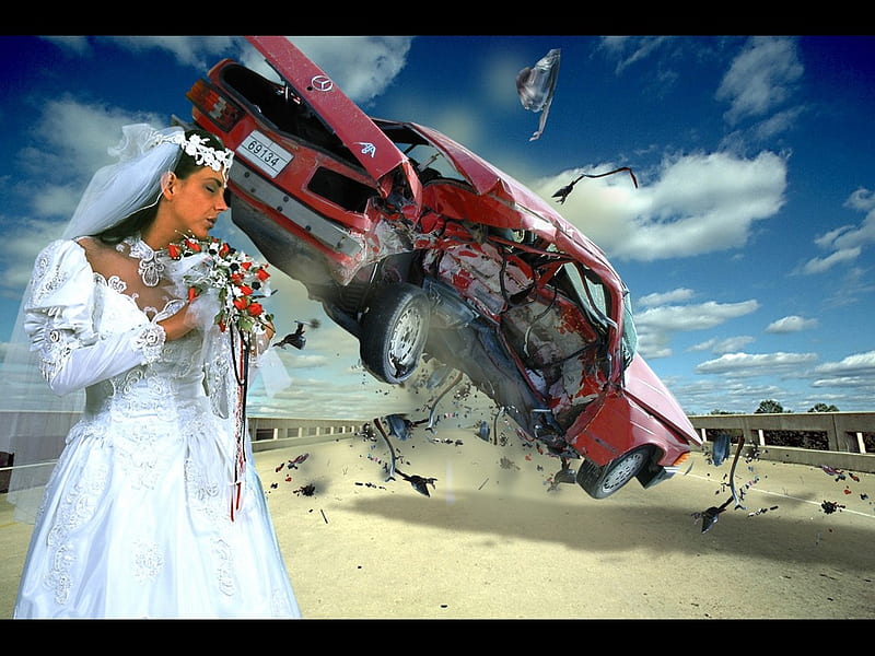 the lucky bride, sad, 3d, woman, car, HD wallpaper