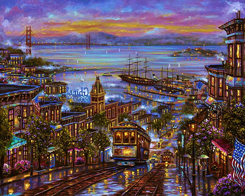 San Francisco, Cable car, buildings, houses, painting, bay, HD wallpaper