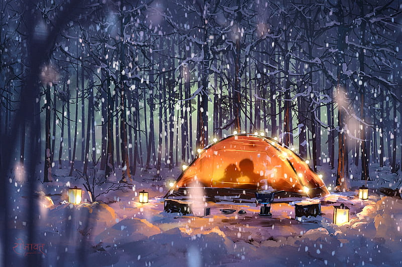 Winter lovers, forest, frumusete, luminos, tent, surendra rajawat, silhouette, kiss, iarna, winter, lights, lovers, fantasy, light, couple, night, HD wallpaper
