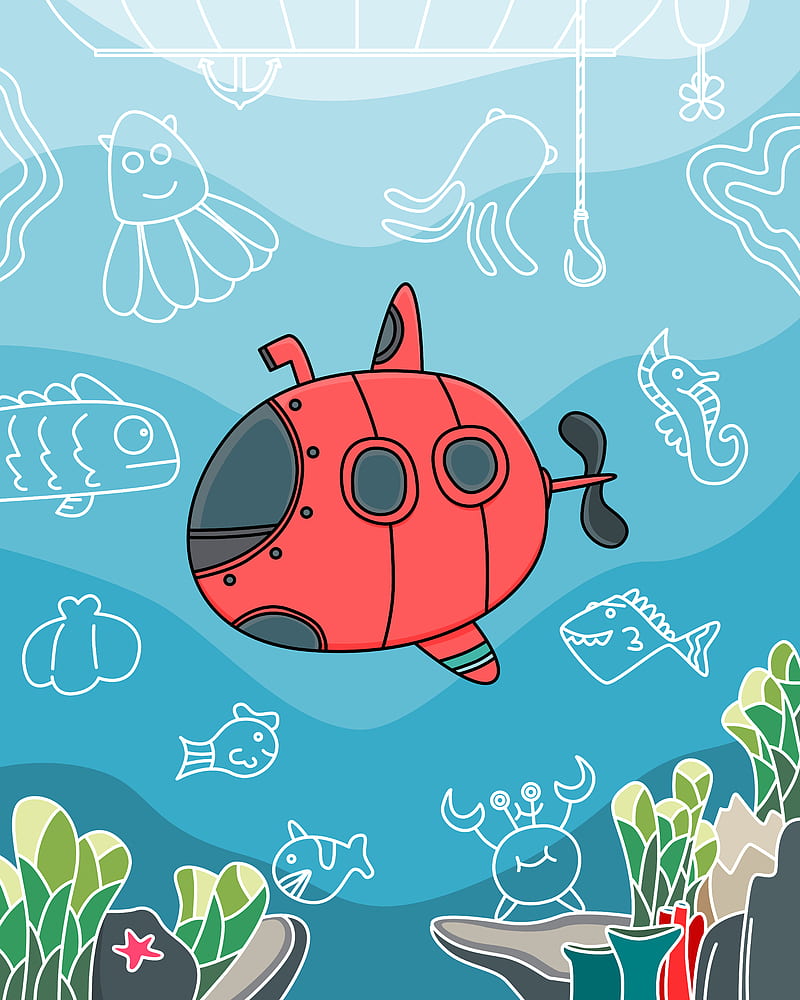 submarine, fish, depth, art, vector, HD phone wallpaper