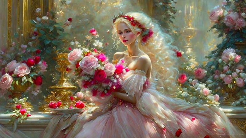 Catherine La Rose, woman, roses, art, , beautiful, girl, feminine, lamamake art, digital, pink, fantasy, romantic, HD wallpaper