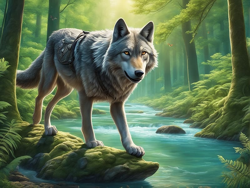 The wolf is walking in a forest with tall green trees around her, zold termeszet, erdo, bekes, farkas, novenyzet, fak, napfeny, patak, HD wallpaper