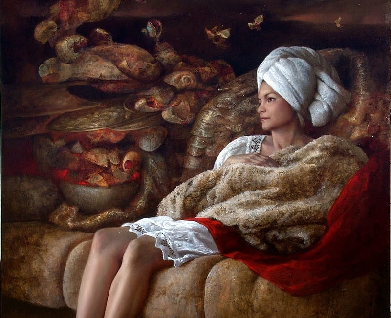 :), ricardo fernandez ortega, sofa, girl, art, painting, pictura, HD wallpaper