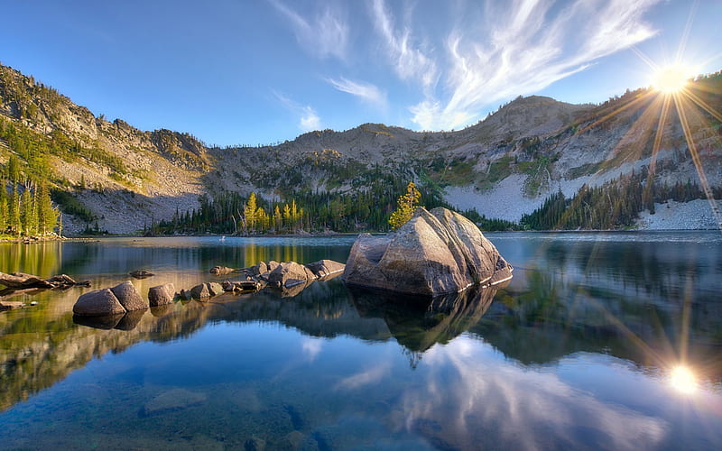 morning, mountain lake, sunrise, mountain landscape, Oregon, USA, HD wallpaper