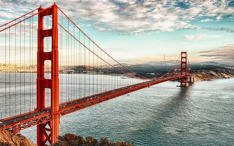 Golden Gate Bridge, suspension bridge, San Francisco, Golden Gate Strait, evening, sunset, red bridge, skyline, landmark, California, USA, HD wallpaper