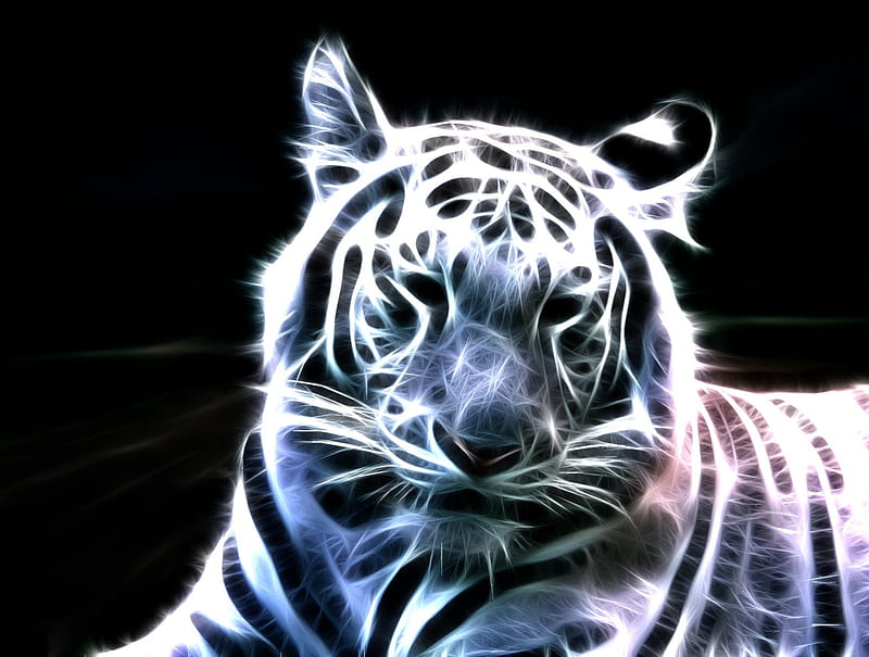 Neon White Tiger, 3d, fractal, neon, tiger, white, abstract, animal, HD wallpaper