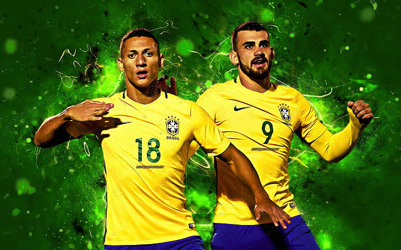 Richarlison, goal, Brazil National Team, football stars, soccer, neon lights, Brazilian football team, HD wallpaper