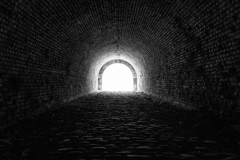 tunnel, bw, arch, brick, HD wallpaper