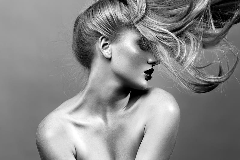 Beauty, hair, bw, girl, model, black, white, HD wallpaper