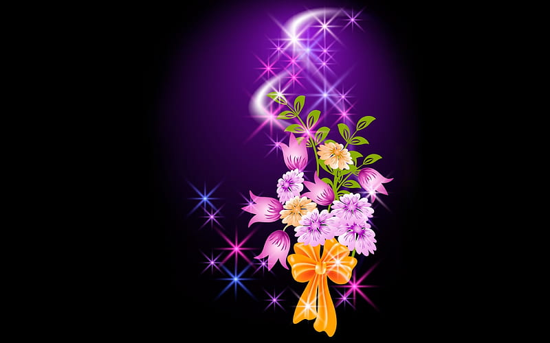 Glowing Flowers, purple, glowing, black background, graphics, flowers, vector, HD wallpaper