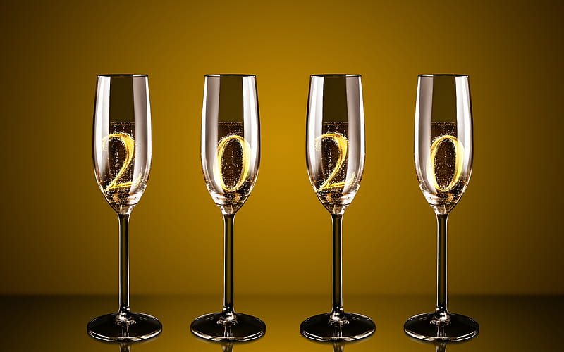 Happy New Year 2020, glasses with champagne, 2020 concepts, 2020 New Year, 2020 digits in glasses, champagne, HD wallpaper