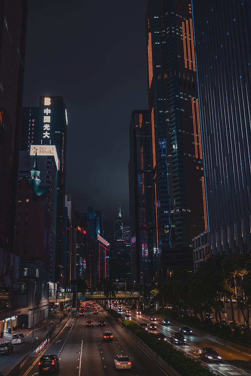 night city, road, buildings, hong kong, HD phone wallpaper