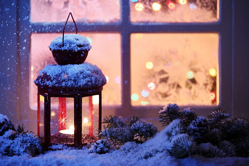 ~Silent Night~, candle, holidays, lovely, lantern, window, christmas, bonito, new year, lights, winter, snowflake, snow, HD wallpaper