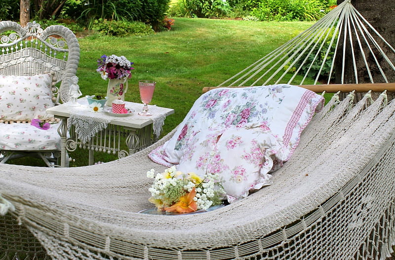 summer time, lovely, relax, bonito, hammock, graphy, bouquet, summer, flowers, garden, cushion, lemonade, HD wallpaper