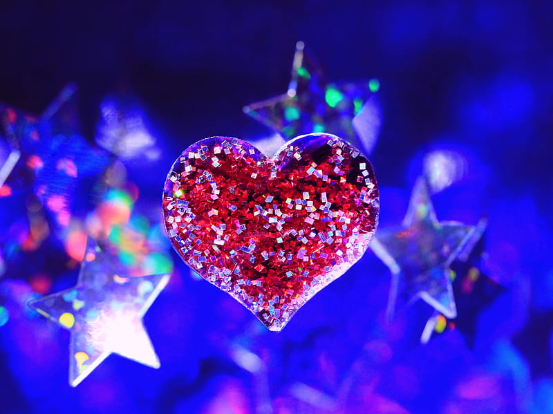 Christmas love, blue, bokeh, christmas, colorful hearts, love, stars, xmas, HD wallpaper