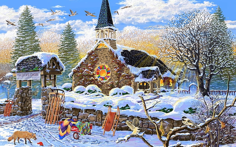 Old Stone Church, religious, sleds, quaint, outdoors, winter, Buildings, snow, Church, painting, HD wallpaper