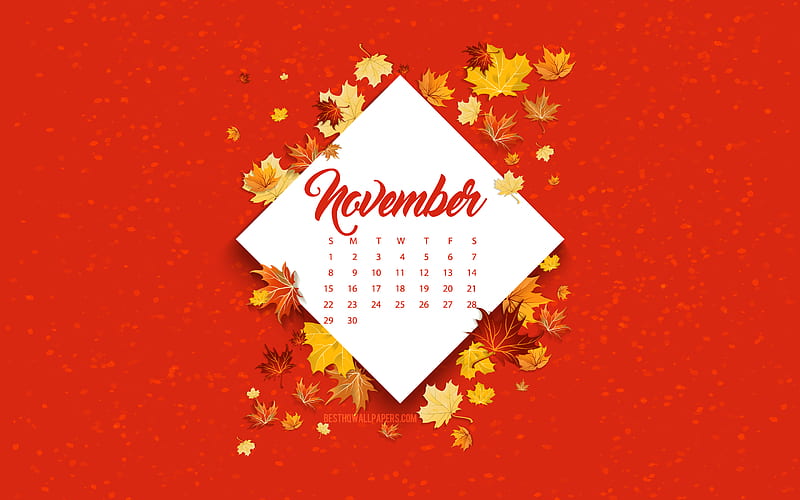 2020 November Calendar, red autumn background, autumn 2020, November 2020 Calendar, autumn, 2020, November, autumn leaves, HD wallpaper