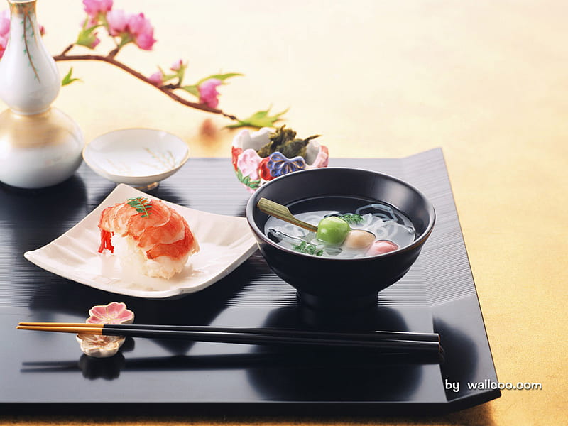 Dinner is served, orchid flowers, japanese, sushi, soup, bowl, HD wallpaper