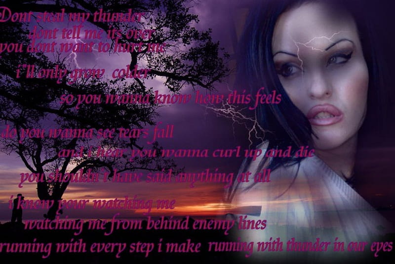 dont steal my thunder, poetry, red sky purple sky, trees, woman, lyrics, fantasy, gothic, landscapes, dark, shadows, night, HD wallpaper