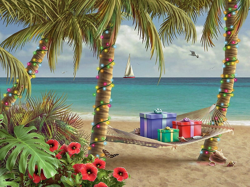 Tropical Christmas, butterfly, flowers, hammock, lights, palms, gifts, sea, artwork, beach, painting, HD wallpaper