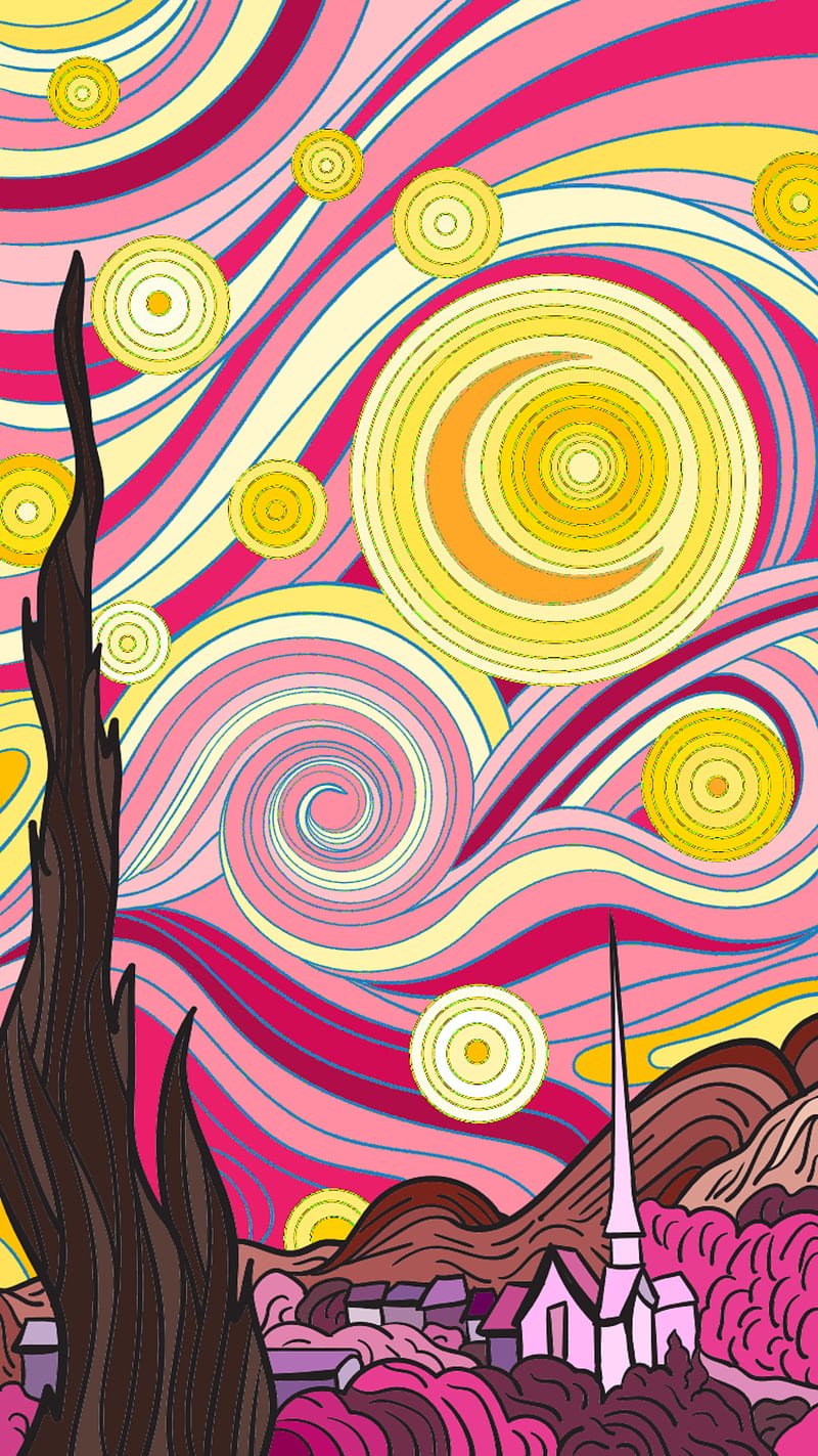 Pink Starry Night, art, HD phone wallpaper