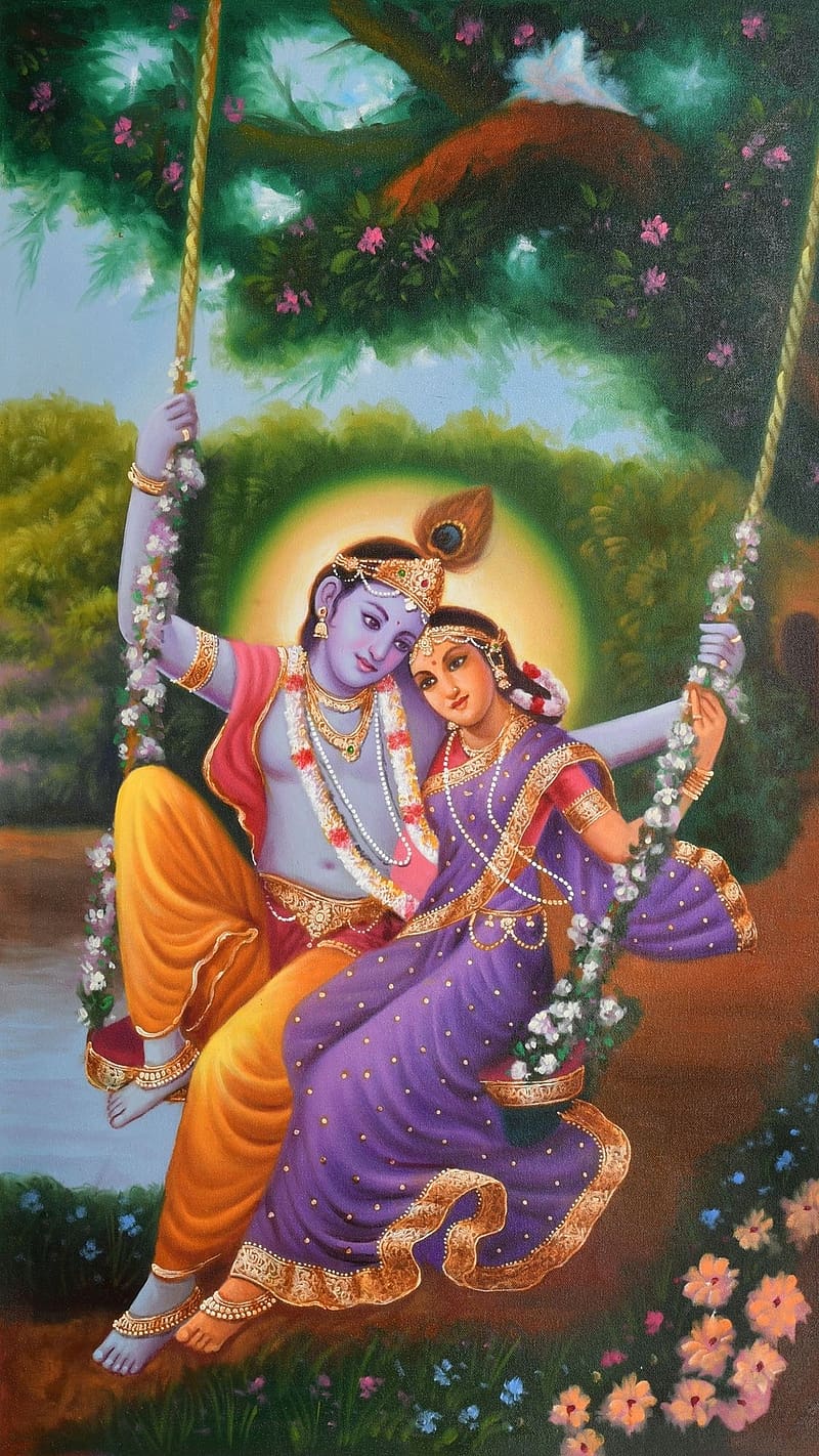 Radha Krishna Ji Playing In Swing, radha krishna ji, playing, swing, lord, god, kanha, HD phone wallpaper