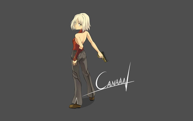 Canaan, badass, red, gun, girl, gris, white, HD wallpaper