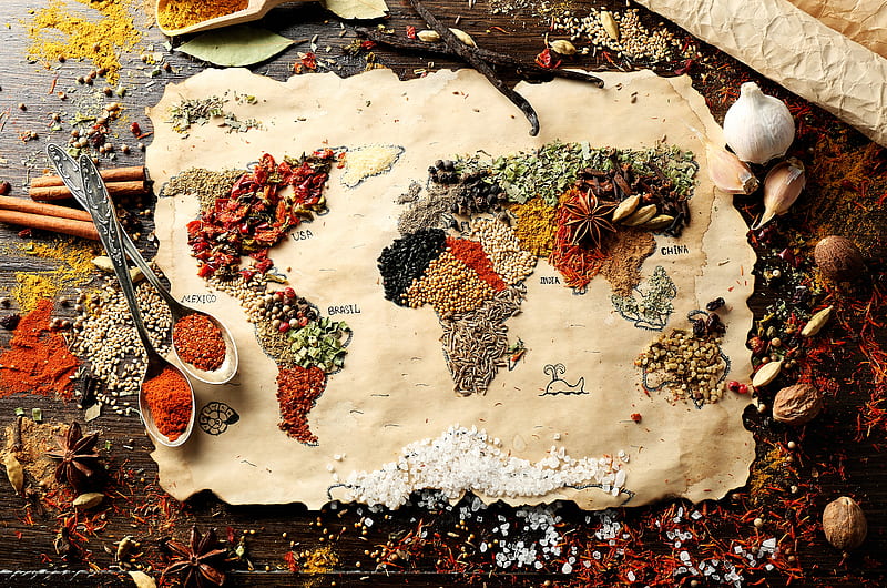 Spices Of The World, spices, food, map, world map, HD wallpaper