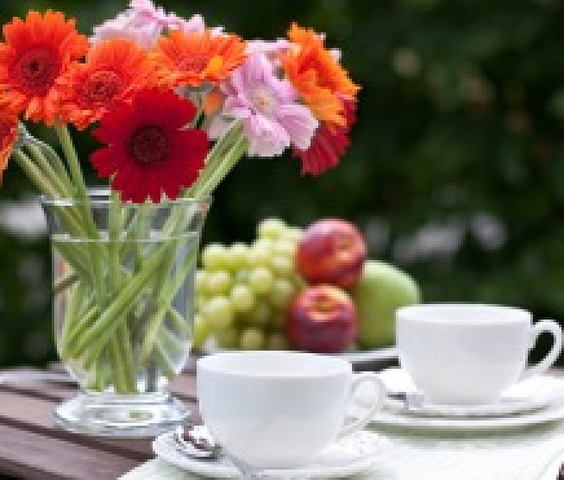Good morning! , fresh, flowers, nature, sunshine, morning, cups of tea, HD wallpaper