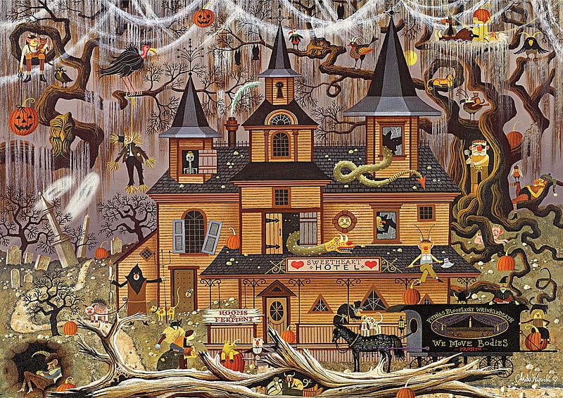 cob web house, painting, puzzle, brown, folkart, halloween, HD wallpaper