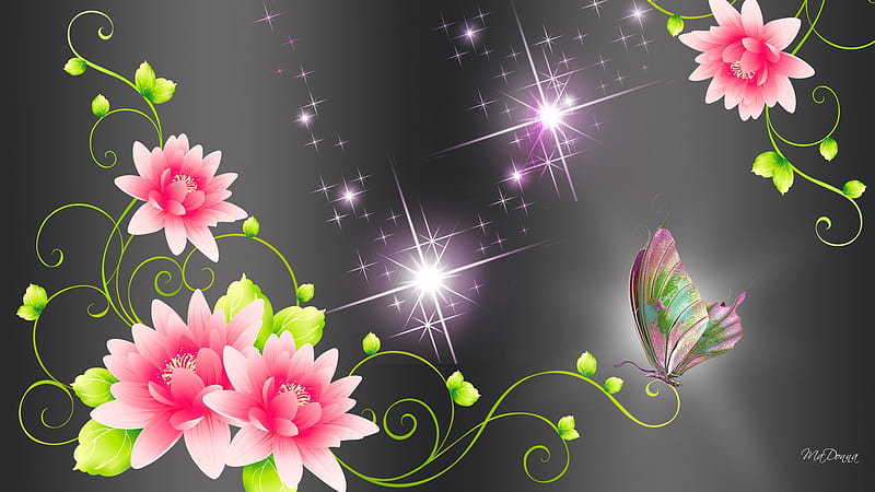 Lotus or Lilies, stars, lotus, glow, lilies, black, silver, leaves, butterfly, bright, flowers, color, HD wallpaper