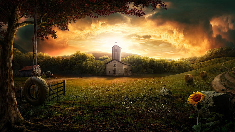 country beauty, tree, sun, swing, beauty, nature, sunset, church, sky, HD wallpaper