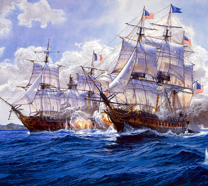 Fleet, attach, battle, gun, ocean, painting, sea, ship, HD wallpaper