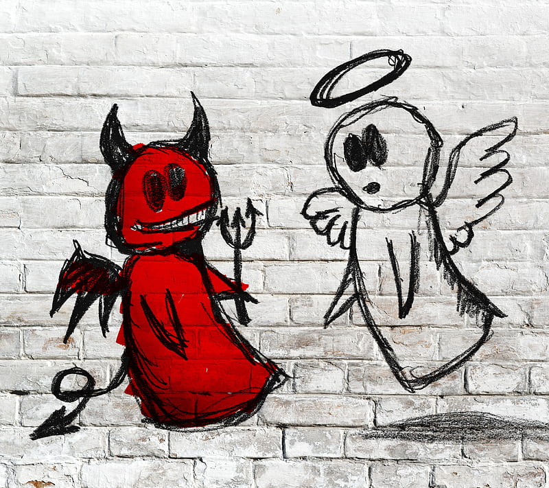 Good vs Bad, angel, bricks, drawing, evil, wall, white, HD wallpaper