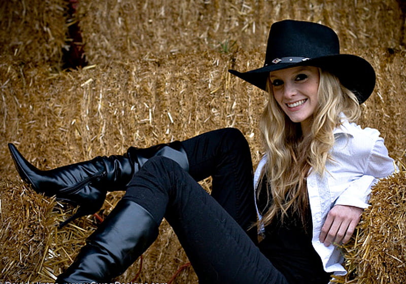 Cowgirl Relaxing on Straw Bales, Cowgirl, Blond, High heels, Cowboy hat, Hay Bales, HD wallpaper
