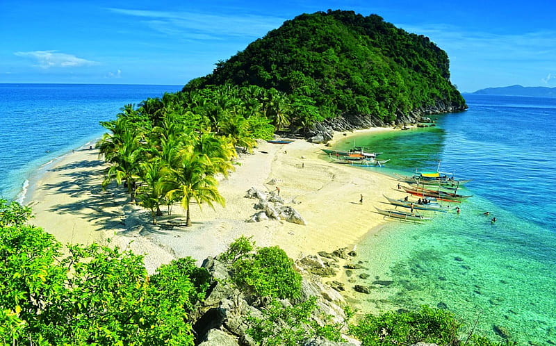 Island Beach, white sand, peninsula, Philippines, turquoise water, bonito, palm trees, sea, beach, boats, summer, island, tropical, HD wallpaper