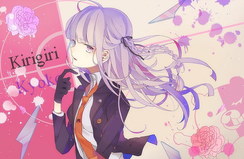 Kirigiri Kyouko, purple hair, tie, dangan ronpa, ribbons, braids, gloves, anime, purple eyes, long hair, HD wallpaper