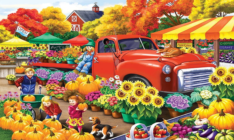 Autumn Marketplace, colorful, marketplace, Pumpkins, vibrant, flowers, truck, Autumn, kids, HD wallpaper