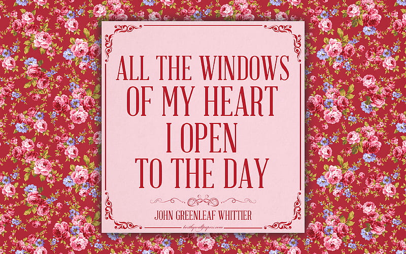 All the windows of my heart I open to the day, John Greenleaf Whittier quotes romance, inspiration, pink roses, floral background, HD wallpaper