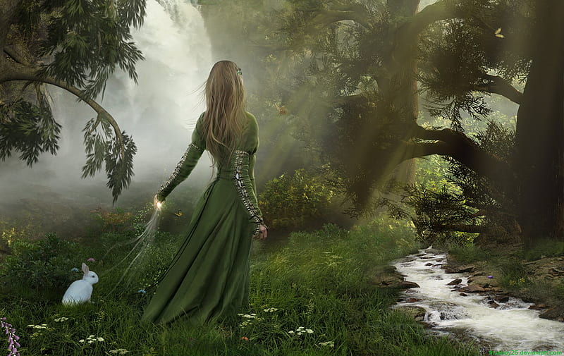 Enchanted Forest by titusboy, forest, fantasy, beautiflul, green, lady, enchanted, gorgeous, HD wallpaper
