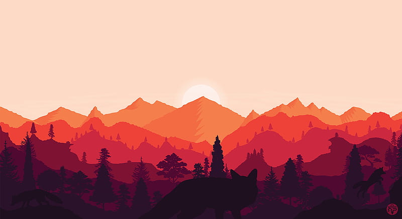 mountains, sunset, landscape, fox, art, vector, HD wallpaper