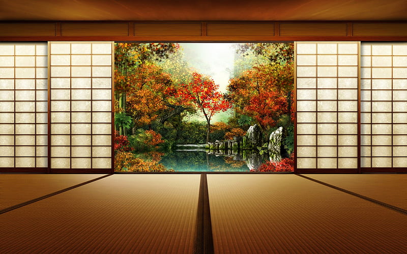 Japanese Room, rocks, colorful, autumn, house, grass, interior, beautiful leaves, japan, painting, beauty, room, reflection, dream, lovely, view, japanese, colors, desenho, trees, asia, lake, peaceful, nature, HD wallpaper