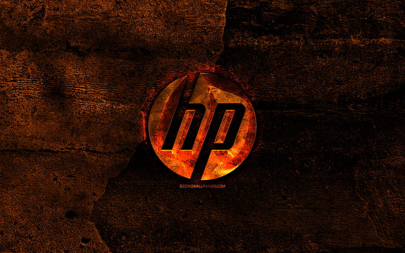 HP fiery logo, orange stone background, Hewlett-Packard, creative, HP logo, brands, HP, HD wallpaper