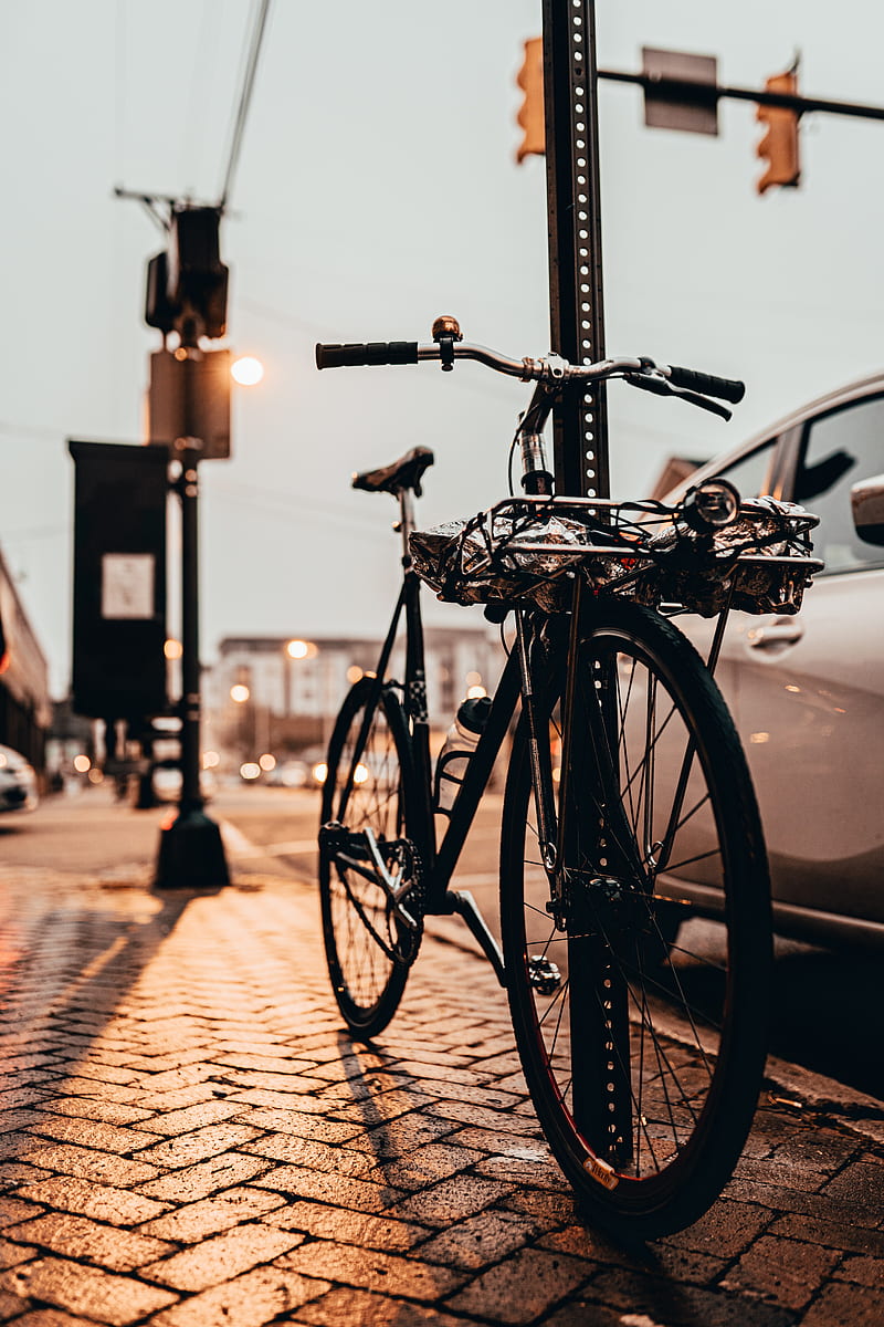 bicycle, black, sidewalk, street, city, HD phone wallpaper