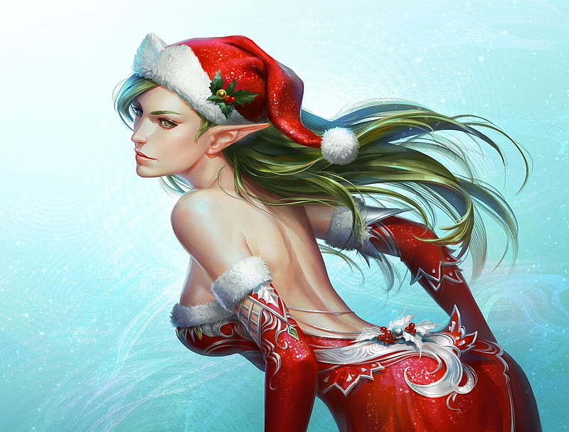 Christmas elf, red, art, frumusete, craciun, christmas, elf, hat, kir-tat, santa, fantasy, beauty, HD wallpaper
