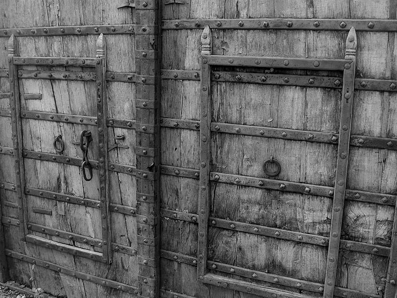 The Gate, medievil, black and white, gate entrance, door, HD wallpaper