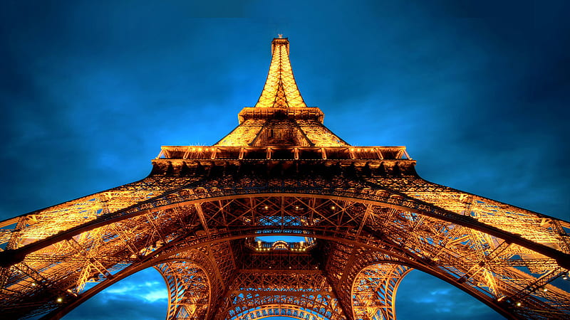 Upward View Of Yellow Lighting Paris Eiffel Tower With Blue Sky Background Travel, HD wallpaper