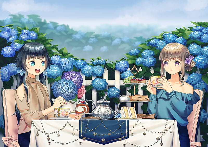 girl, tea party, cup, garden, anime, HD wallpaper