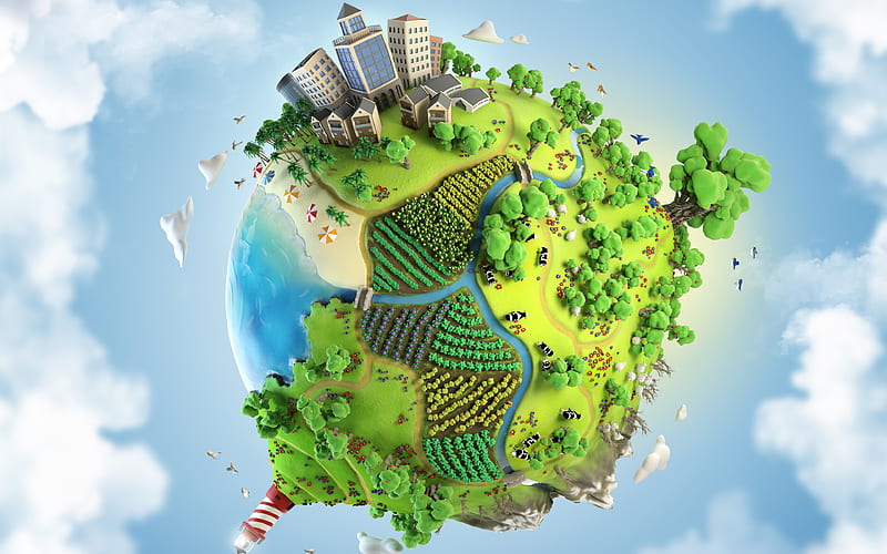 3d Earth, ecology concepts, plasticine earth, environment, take care of the planet, sky, trees, rivers, HD wallpaper